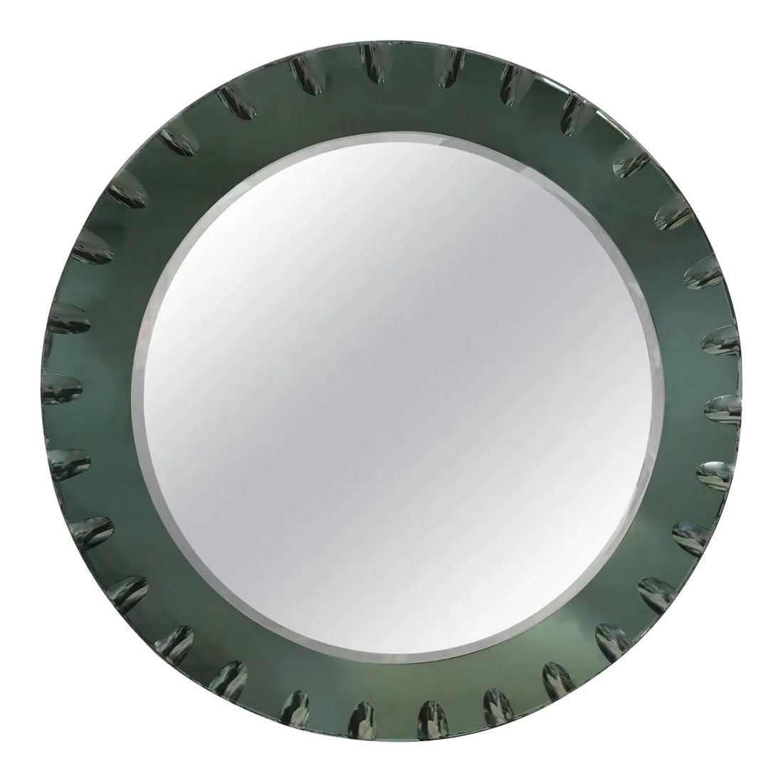 1950s Italian Modern Green Beveled Mirror Inspired by Fontana Arte: Italian Modern Green Beveled Mirror Inspired By Fontana Arte This lovely Fontana Arte style mirror has a decorative indented design around the perimeter. Most unusual! Condition: Alterations: Original