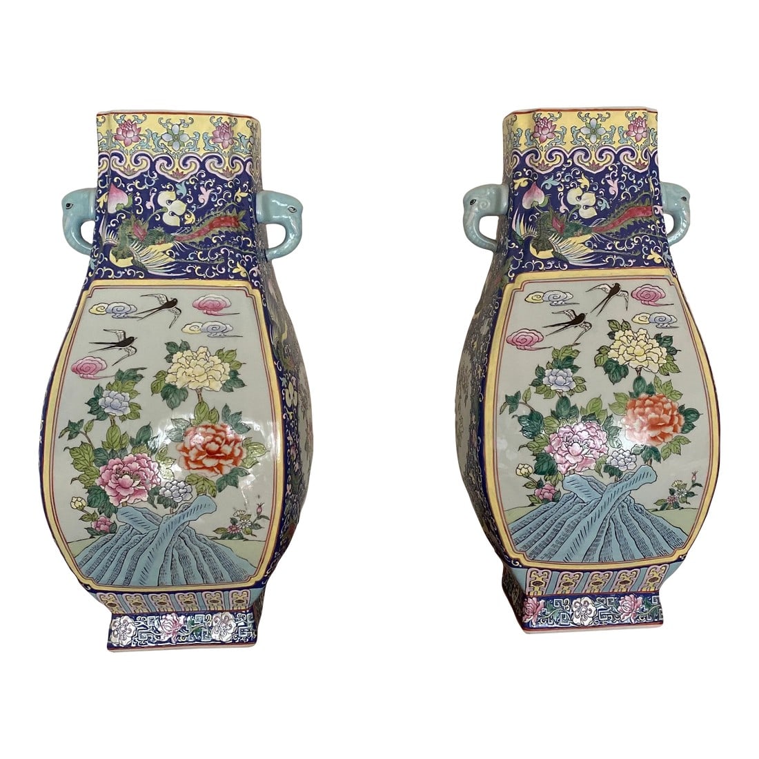 Vintage Oversized Hand Painted Asian Jars ~ a Pair: Beautiful pair of hand painted oversized Asian jars, beautiful floral motif with awesome colors! Subject matter includes dragonfly's, dragons, flowers and pretty blue elephant medallions Condition: