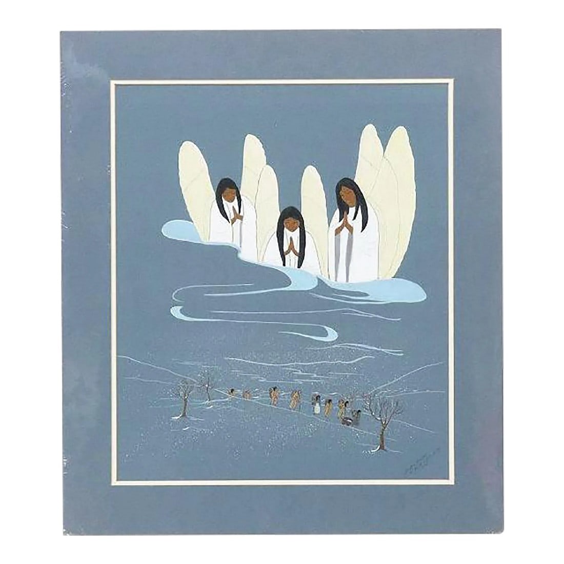 Original Signed "Guardian Angels, Trail of Tears" by Nadine Marler 20th Century Cherokee, 1975: Original Signed "Guardian Angels, Trail of Tears" by Nadine Marler (20th C.) Cherokee, 1975. Beautiful depiction of angels overlooking people walking the 'Trail of Tears'. Artwork is matted and ready