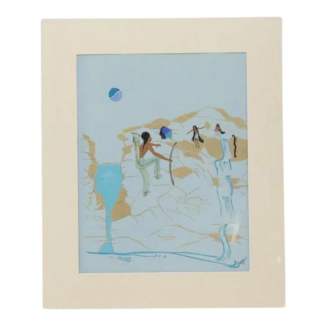 Original Signed "Rock Climbing at the Waterfall" by Nadine Marler (20th C.) Cherokee, 1970: Original Signed "Rock Climbing at the Waterfall" by Nadine Marler (20th C.) Cherokee, 1970. Beautiful depiction of people climbing rocks by a waterfall. Artwork is matted and ready to be framed. Some