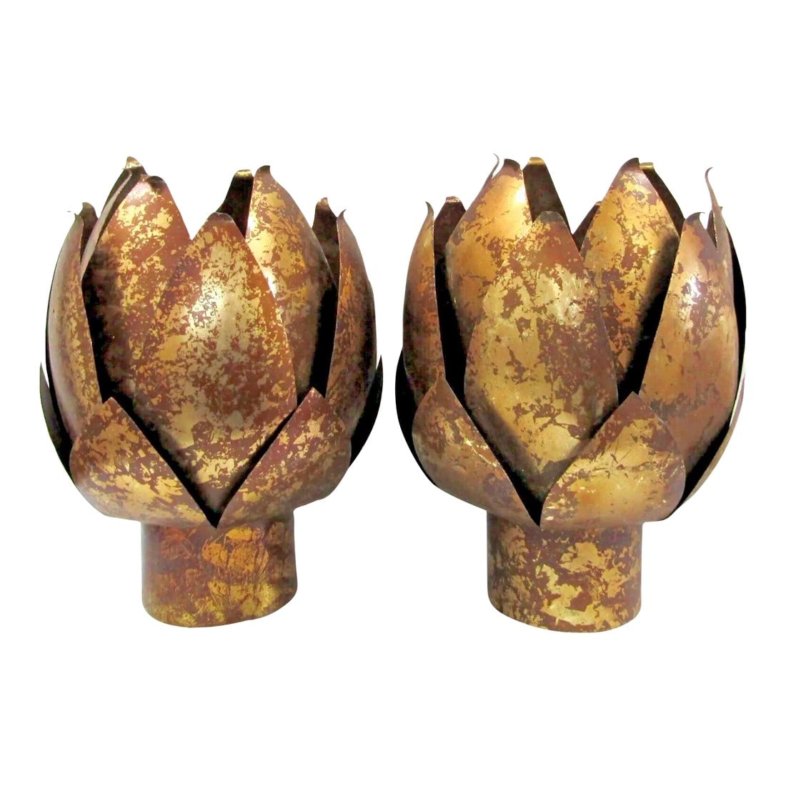 Pair of Mid-Century Modern Brass and Distressed Copper Lotus Blossom Candle Holders Jardiniers: Pair of Mid-Century Modern Brass and Distressed Copper Lotus Blossom Candle Holders Jardinieres Be careful handling as the points are sharp. Each measures 8" diameter and 12" tall. Each base measures