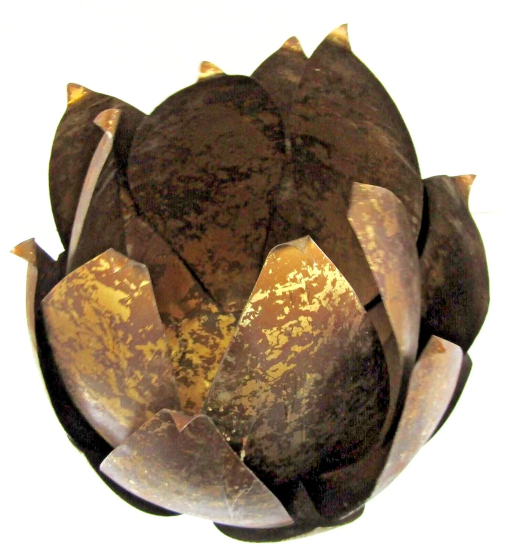 Pair of Mid-Century Modern Brass and Distressed Copper Lotus Blossom Candle Holders Jardiniers - 2