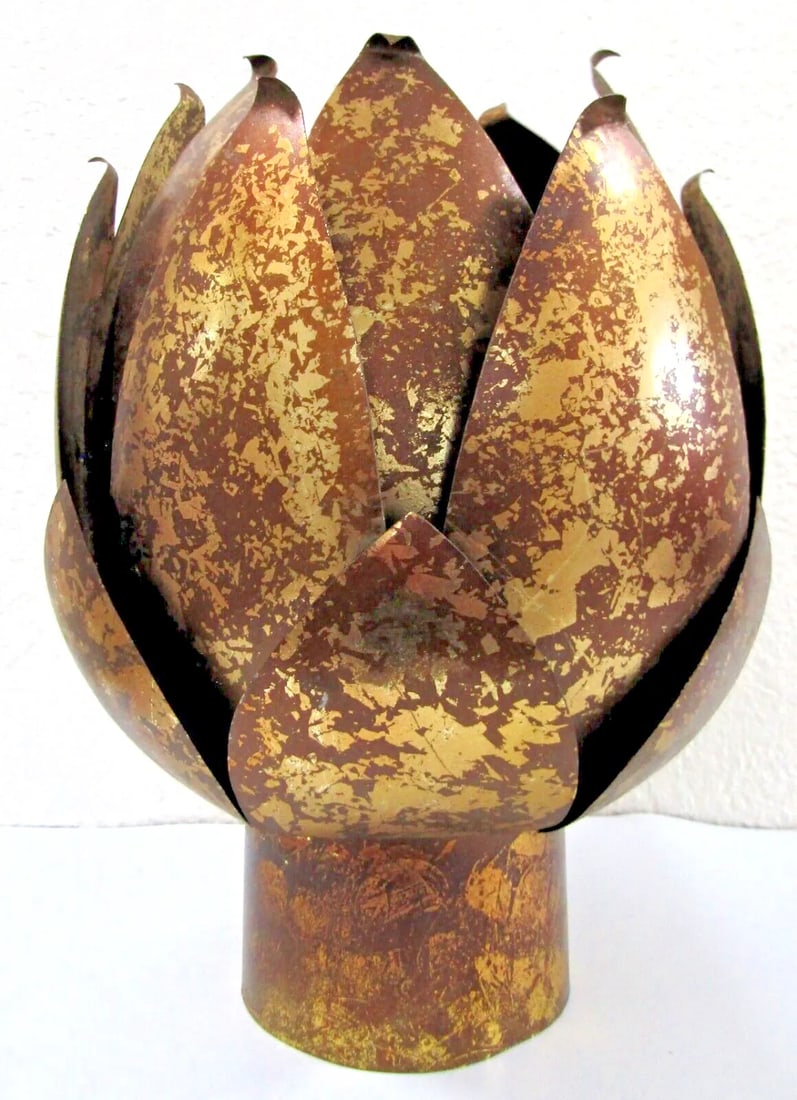 Pair of Mid-Century Modern Brass and Distressed Copper Lotus Blossom Candle Holders Jardiniers - 5