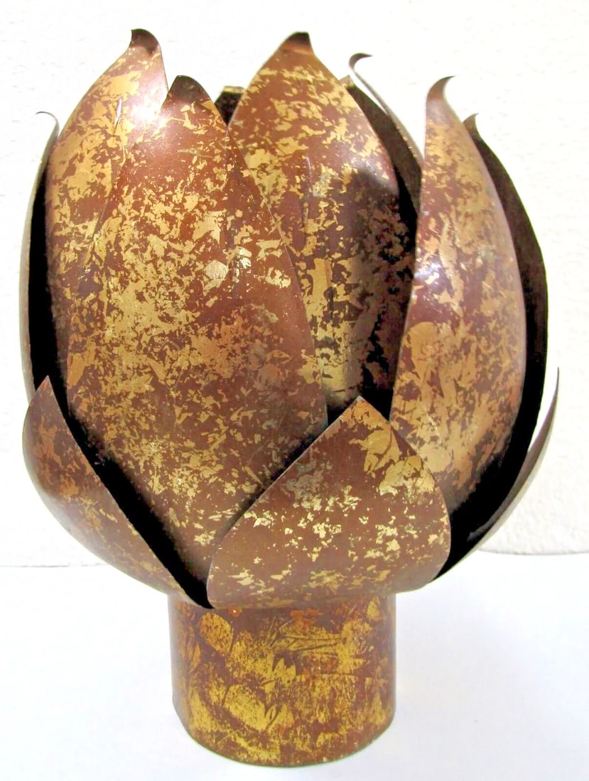 Pair of Mid-Century Modern Brass and Distressed Copper Lotus Blossom Candle Holders Jardiniers - 6