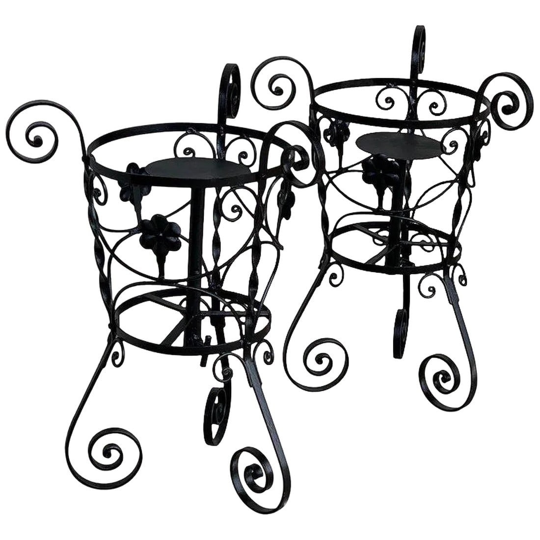 20th Century Set of Two Black Wrought Iron Painted Adjustable Plant Stands: About Matched pair painted planters or plant stands made of wrought iron. Featuring 15" wide baskets that are height adjustable 11-19.5 inches deep. Supported by a scrolled base. All finished in black