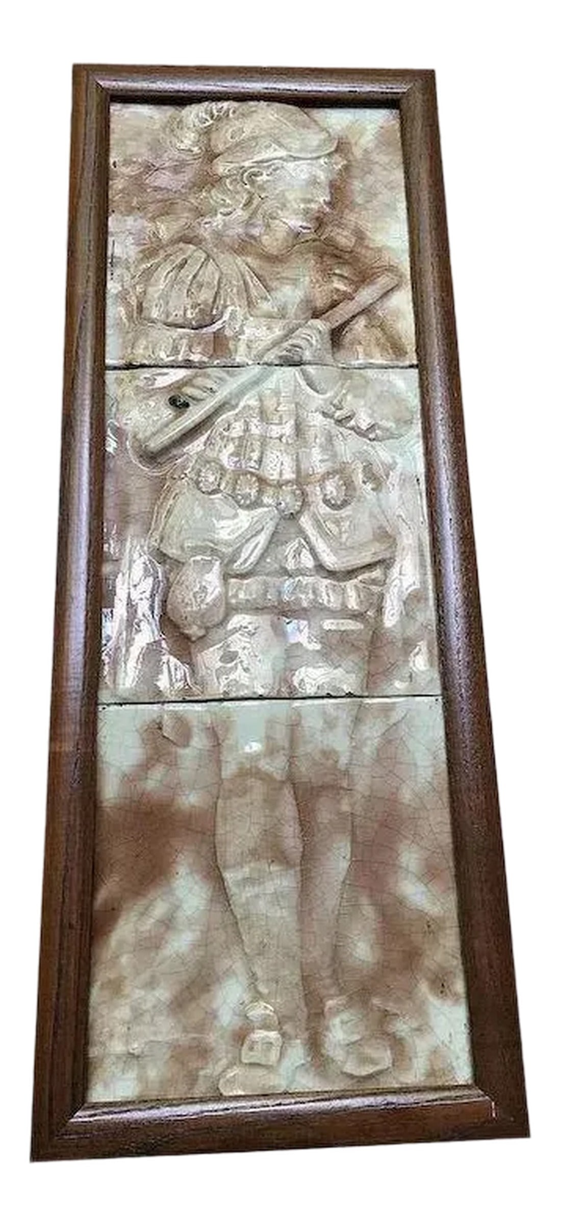 Majolica Figural Musician Beige & White Tile: This is a wonderful set of three majolica tiles that, put together make the figure of a man playing a flute. Tiles like this were often set on either side of a fireplace circa 1890 and usually didn't
