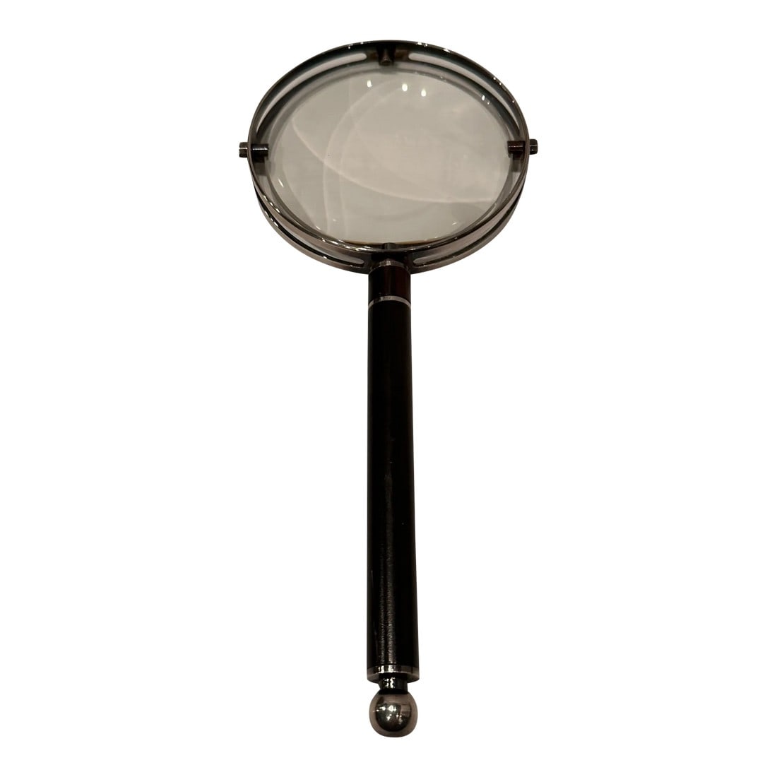 Swid Powell Magnifying Glass in Original Box: Stunning Richard Meier designed magnifying glass for Swid Powell, having ebony wood handle, silver plate and glass, plus original sleeve and box. Condition: Alterations: Original Condition Unaltered I