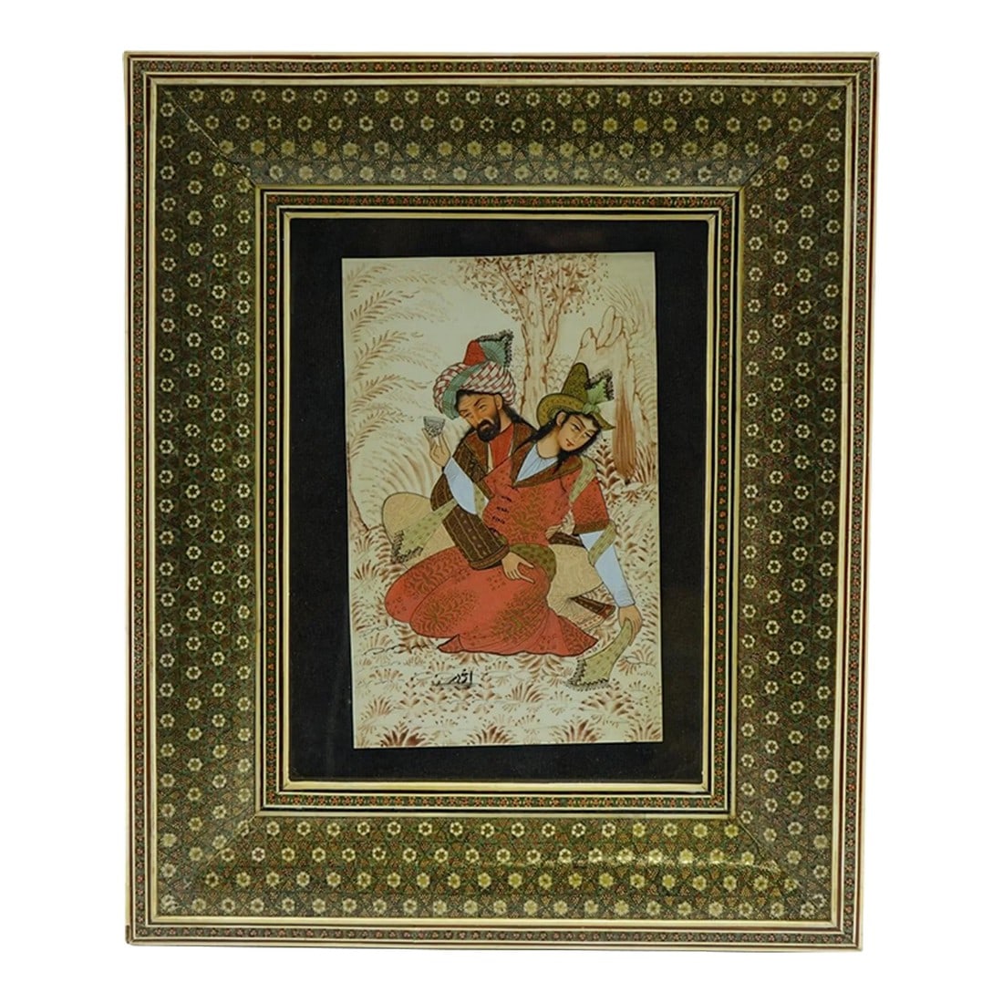 Persian Khatam Frame Inlaid With Artwork Paint on Faux Ivory Signed Original (1 of 3)