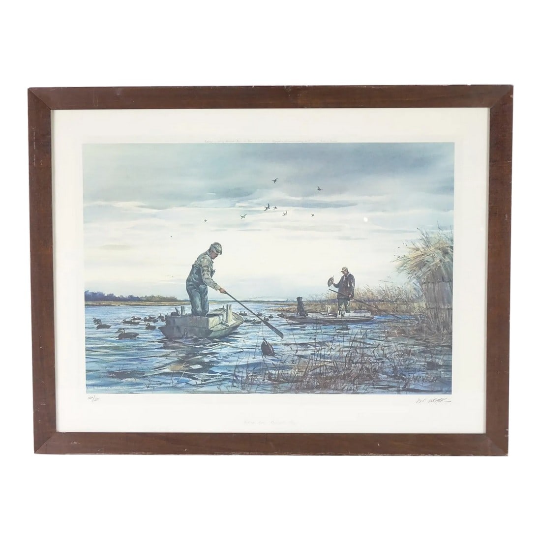 Pick up Time Barnegat Bay Signed Print of Original Watercolor Painting by Artis: This is "Pick up Time, Barnegat Bay," a signed print of the original watercolor painting by Artis, measuring 34" x 26". The artwork beautifully captures a serene scene of two hunters retrieving