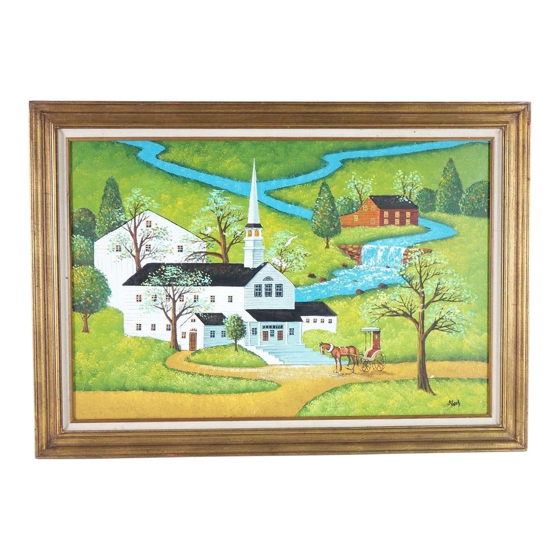 Late 20th Century The Church Large Original Oil on Canvas Signed, Framed: Original oil on canvas measuring 41.75" x 29.75". This vibrant piece showcases a white church set against a serene backdrop of a stream, with a trail winding in the foreground and lush, bright green