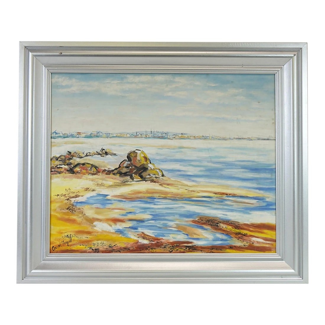 Mid 20th Century Seascape, Large Original Oil on Canvas, Signed by Carol Fogel: This beautiful original oil painting on canvas by Carol Fogel captures a serene seascape at the shore. Yellow sands stretch out as the gentle waves creep up to meet them, with rocks adding texture to