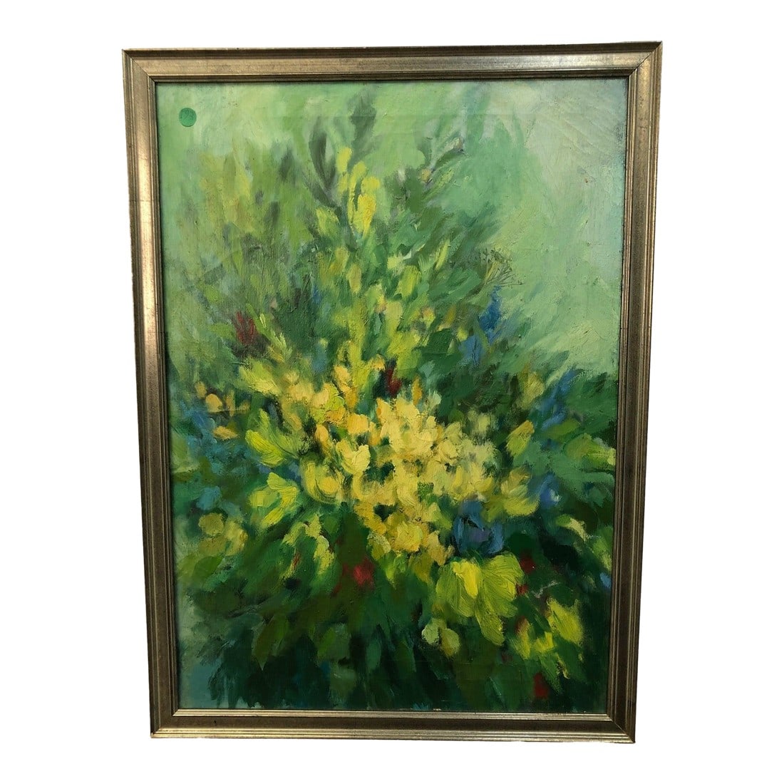 The Pulse of Flowers - Abstract Original Oil on Canvas: This vibrant abstract oil on canvas is a celebration of color, texture, and the wild energy of nature. Bursting from the center of the canvas, a radiant bloom of sunlit yellows, leafy greens, and