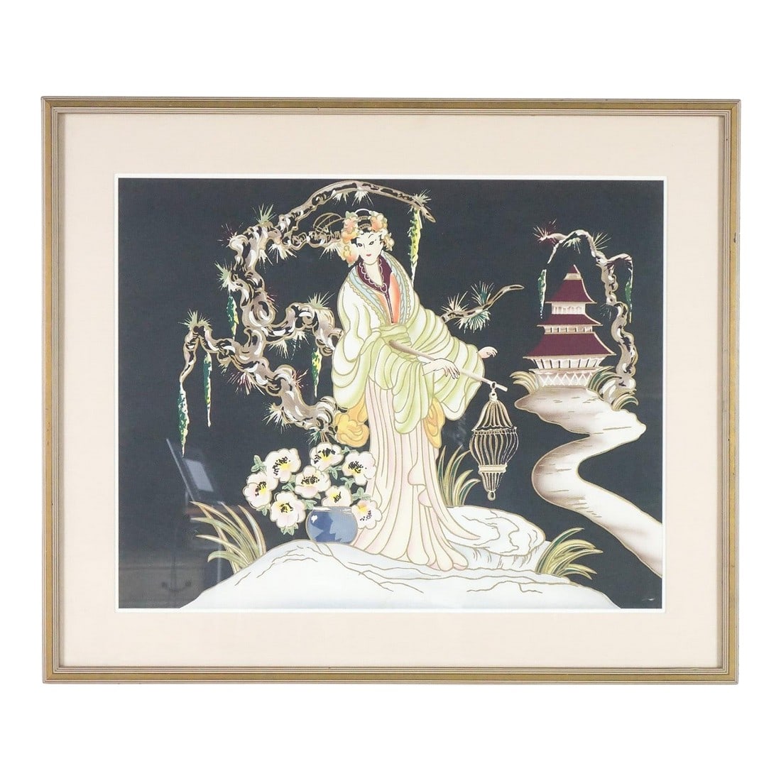 Late 20th Century Geisha Original Watercolor on Paper, Framed: This striking large original watercolor on paper portrays a Geisha in white, standing out against a solid black background. A trail leads to a temple, surrounded by delicate white flowers, creating a 