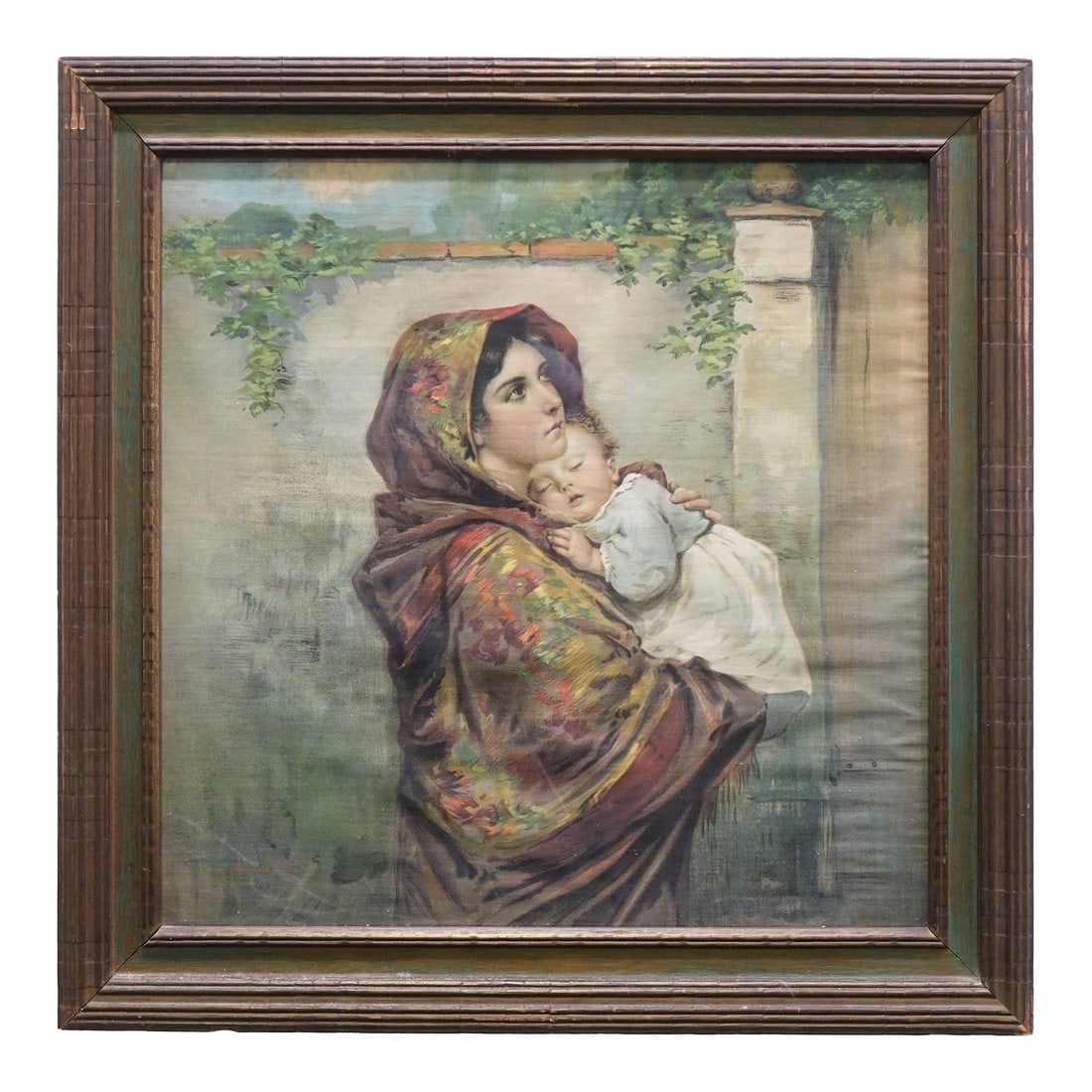Mid 20th Century Mother Child Painting on Fabric Original: Mother & Child Painting on Fabric, Original - 28" x 28" This touching original painting on fabric, titled Mother & Child, beautifully captures the timeless bond between a mother and her child. Measuri