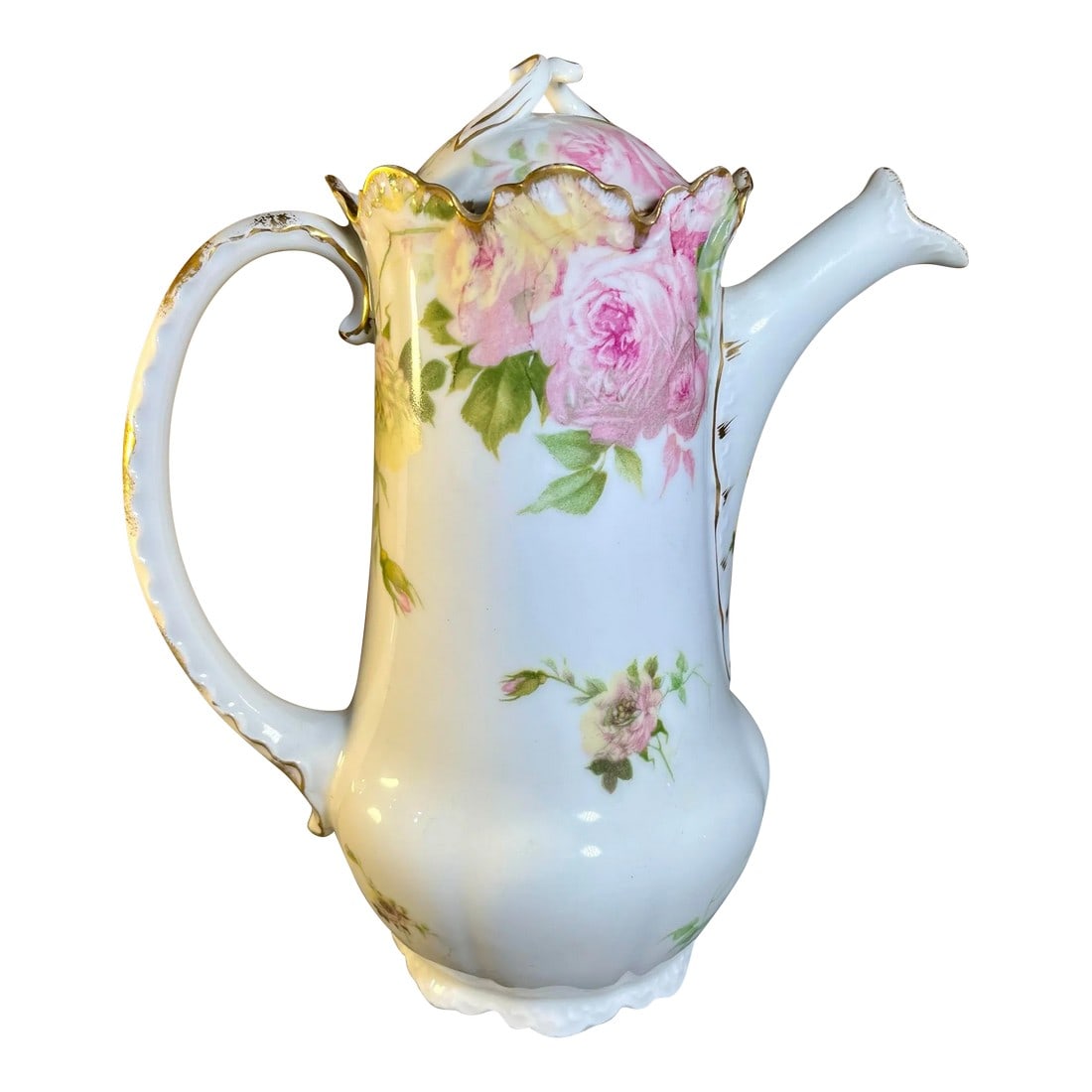 Antique R C Rosenthal Malmaison Porcelain Coffee/Chocolate Pot: Porcelain coffee/chocolate pot in the Malmaison mold circa 1891 - 1906. Features bright white porcelain with hand painted pink roses and gold trim. Beautiful form and detail throughout. *Acquired