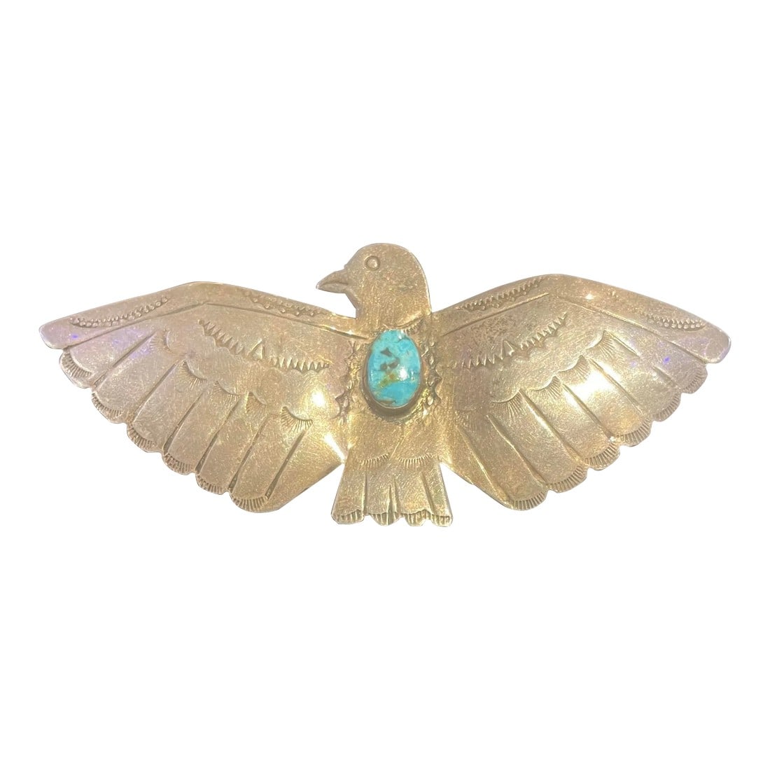 Antique Navajo Hand Done Eagle Brooch Sterling Silver 7 Turquoise Early Fred Harvey: This is part of Chairish's Costume Jewelry assortment. Navajo hand done Sterling Silver & Turquoise Eagle brooch made for Fred Harvey with original patina Circa 1900 Native American Indian 4 inch