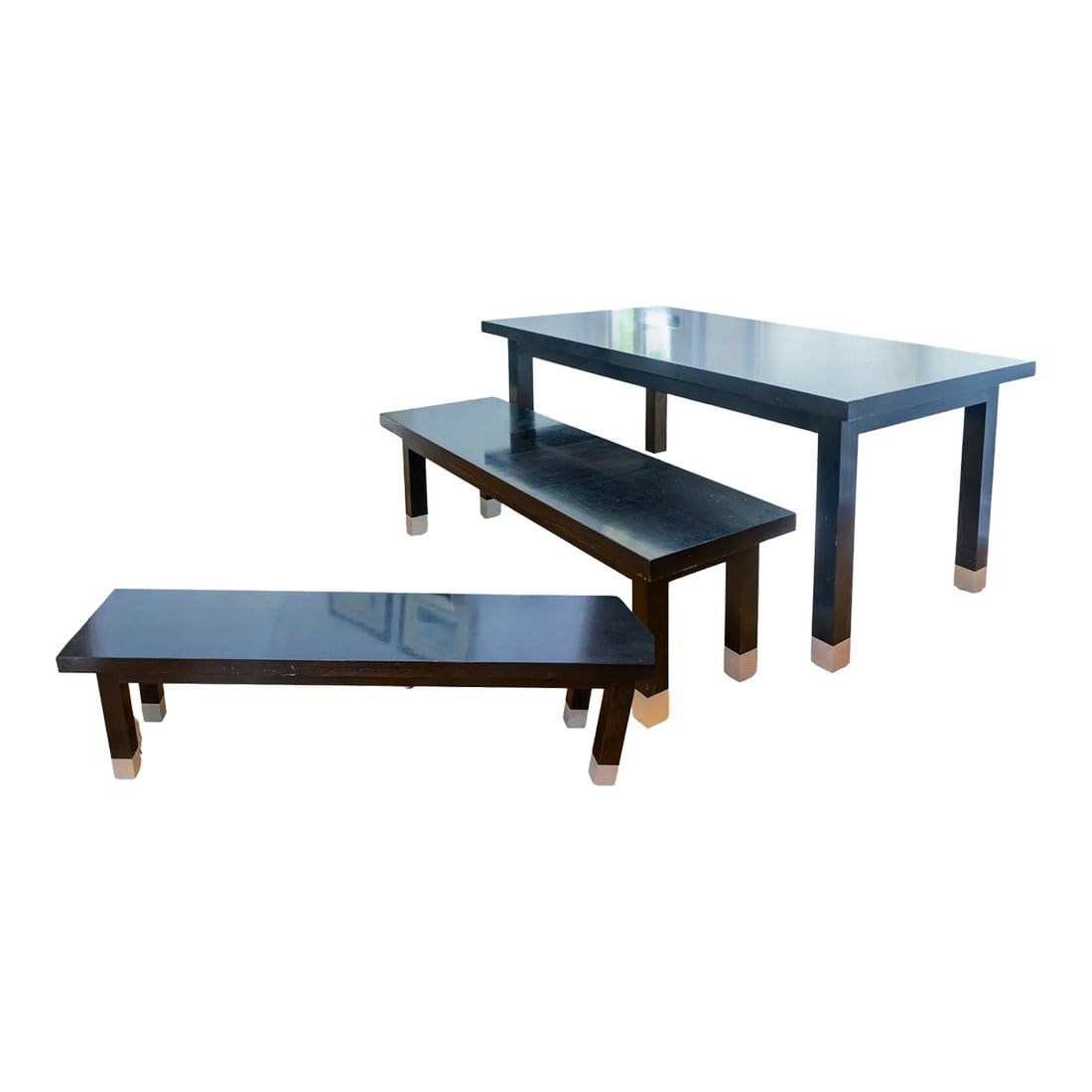 Contemporary Wenge Wood Dining Table With 2 Matching Benches - Set of 3: This table with its precise lines and pristine wood finish has moved easily from the dining room of a Georgian colonial manse to an apartment with floor to ceiling glass in NYC, to a loft in Dallas, a