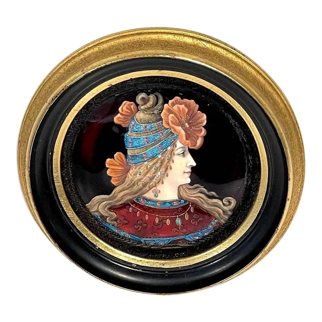 Early 20th Century Limoges Enamel Portrait of a Floral Kokoshnik Beauty: Exquisite Limoges Enamel Portrait of a Floral Kokoshnik Beauty France, Circa 1900s A exquisite French Limoges enamel portrait, circa the 1900s, capturing a mesmerizing portrait of an Art Nouveau