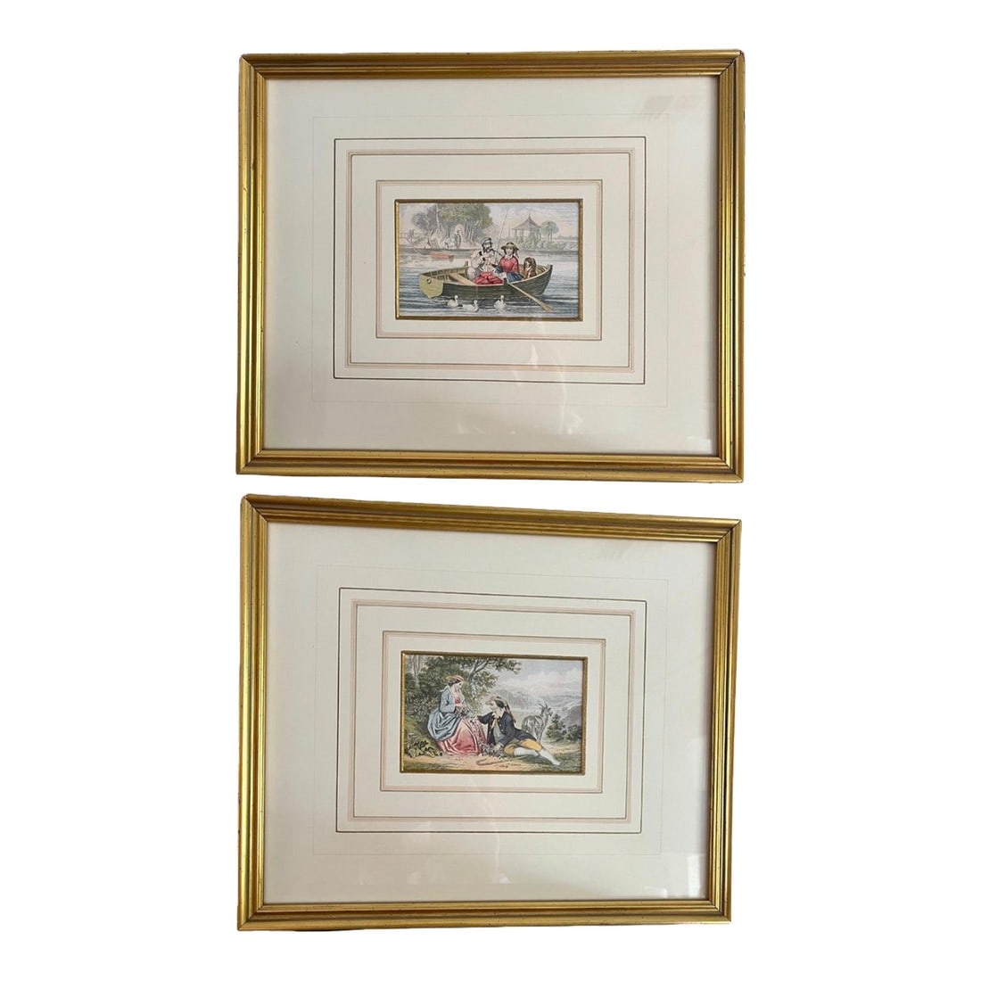 Vintage Victorian Courting Couples Framed Baxter Method Oil Print Engravings by Joseph Kronheim - Se: Set of 2 oil prints by Joseph Kronheim using the Baxter process. The prints showcase Victorian couples. In one print, a couple can be seen fishing in a pond accompanied by their dog. In the other, a