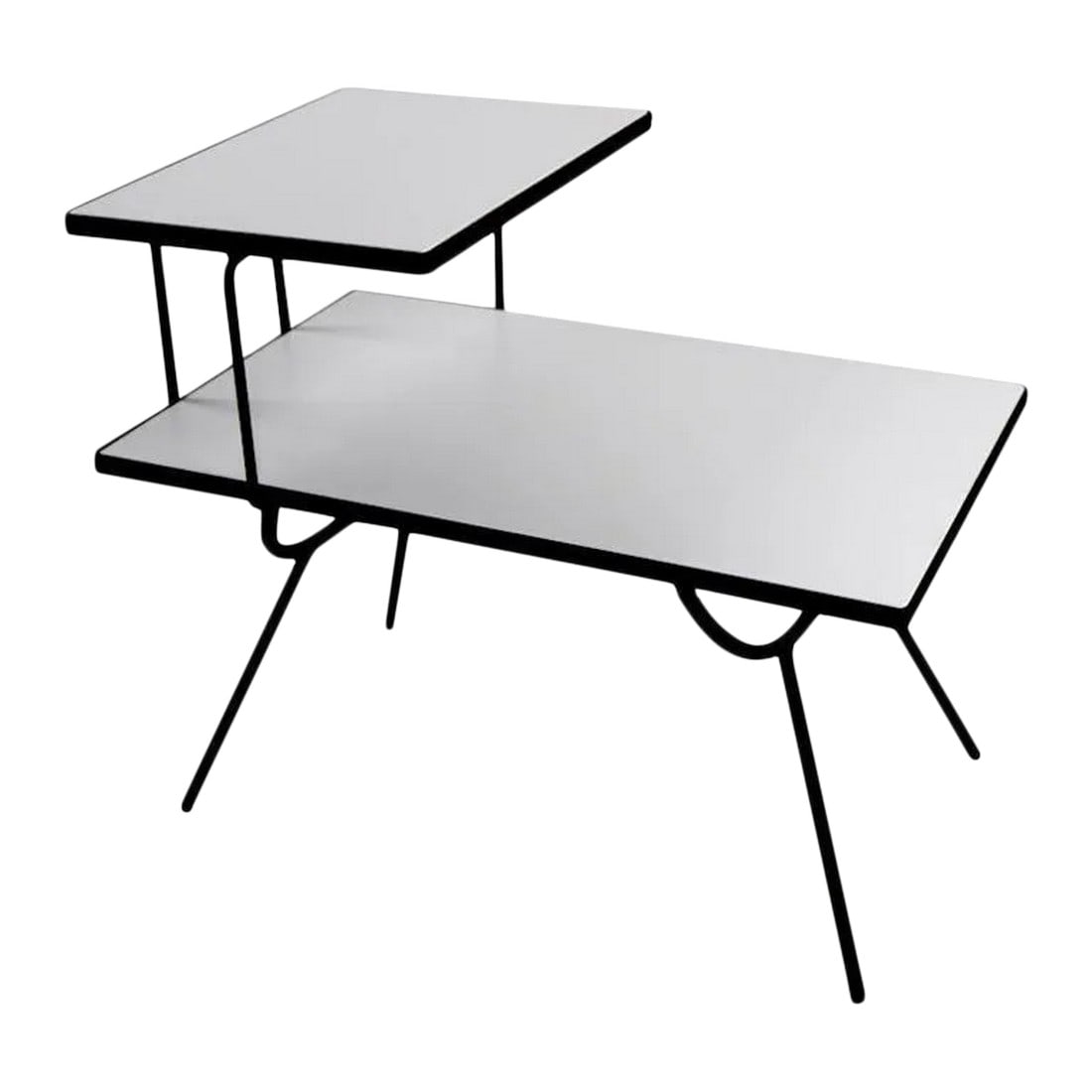 Nelson Style Frank and Sons Step End Table for Arbuck: Architectural design wrought iron step end table by Frank and Sons for Arbuck, after George Nelson. Unusual white table surfaces create a dramatic and graphic effect. The wrought iron frame has been n