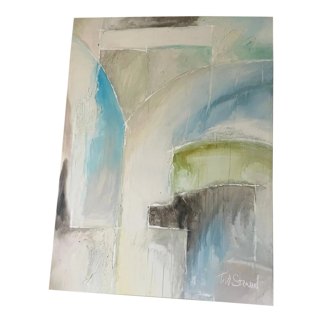 1970s Large Abstract Modern T.W.Stewart Oil on Canvas Painting: Large impressive abstract modern oil on canvas painting signed T.W.Stewart. Approximately 50" by 70". Well known artist with great output and well recorded. Condition: Alterations: Original Condition