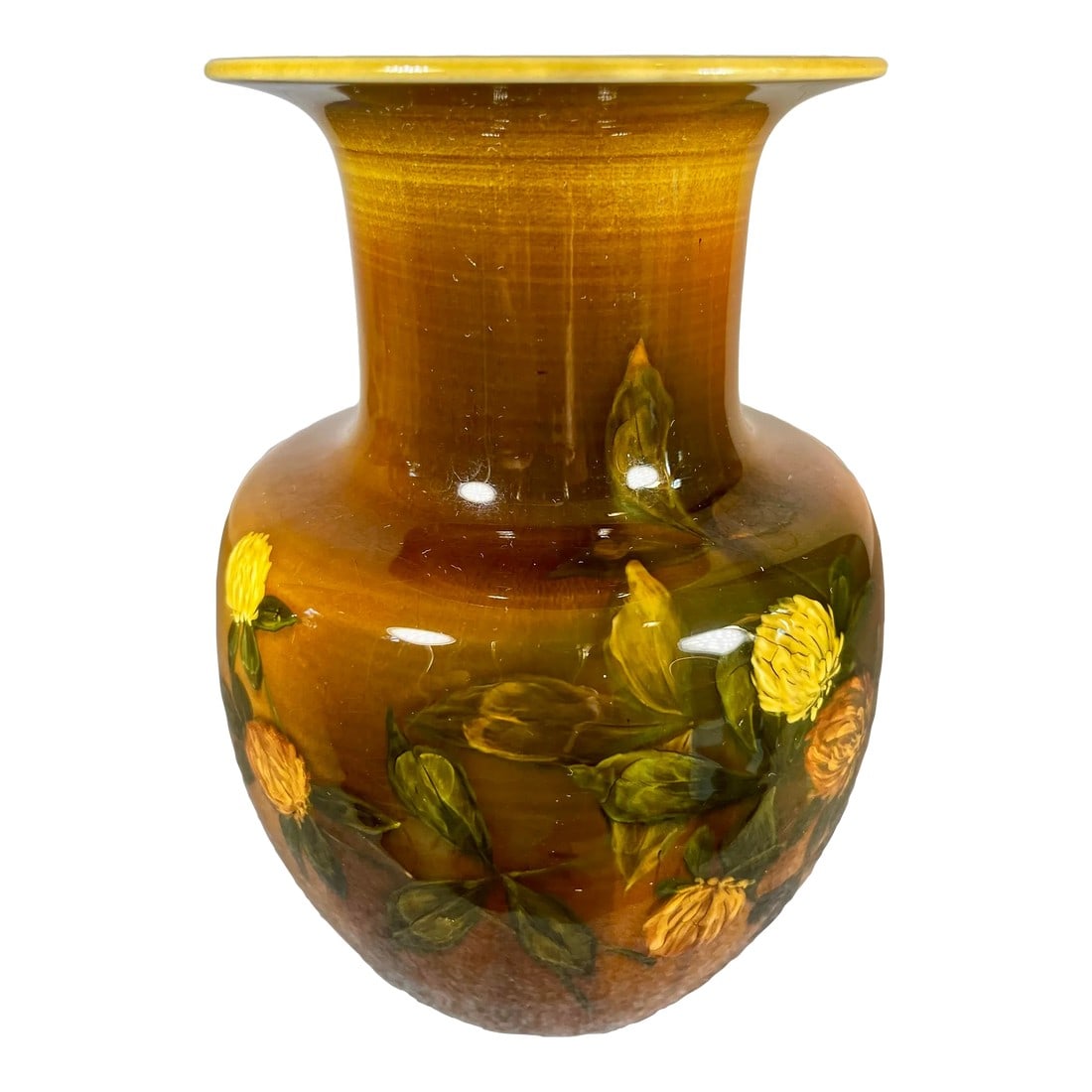 19th Century Rookwood Pottery Standard Glaze Vase: Rookwood Pottery Standard Glaze Vase in a deep rich chocolate brown color with tasteful highlights of yellow. Unique shape and form, marked to underside. Circa 1889. Condition: Alterations: Original