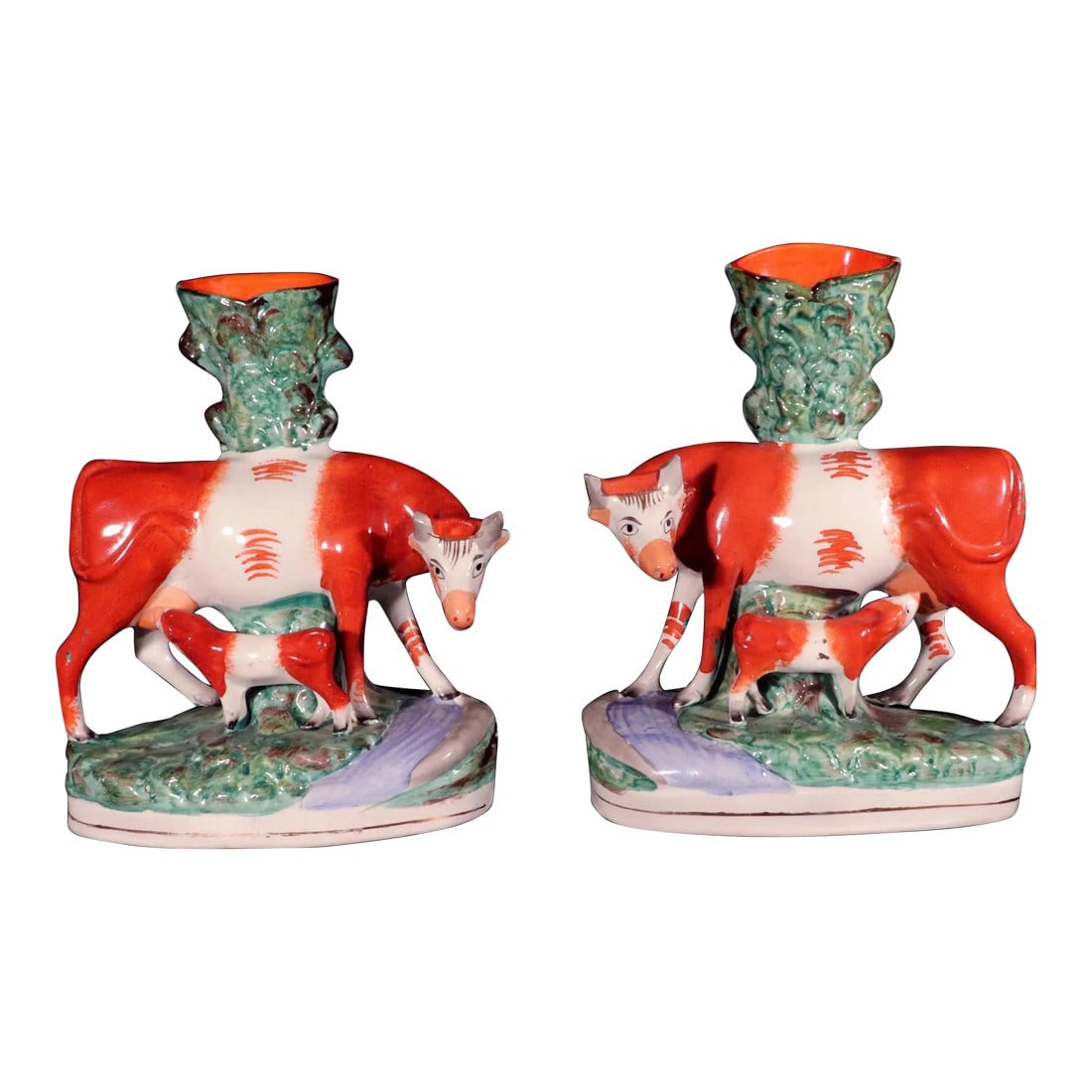 Staffordshire Pottery Cow Figure Spill Vases: Large Victorian Staffordshire Pottery Pair of Cow and Calf Figure Spill Vases This charming pair of large Staffordshire pottery figure spill vases, dating from the Victorian period (circa