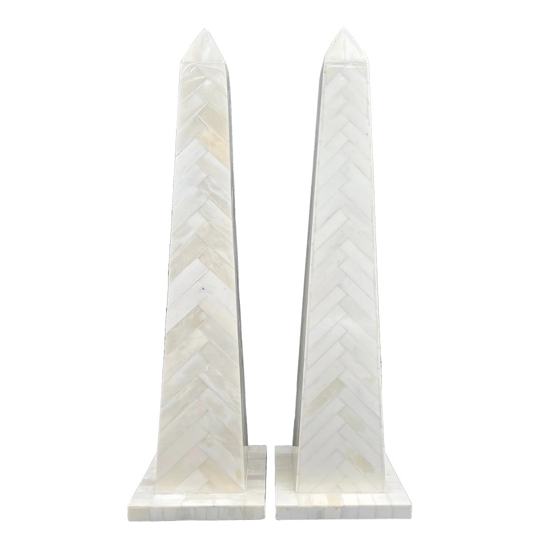 Late 20th Century Herringbone Tessellated Bone Obelisks - Set of 2: This is an exquisite pair of herringbone pattern obelisks made from tessellated bone. Beautiful neutral colors include white, cream, taupe, and gray. The measurements of each obelisk are