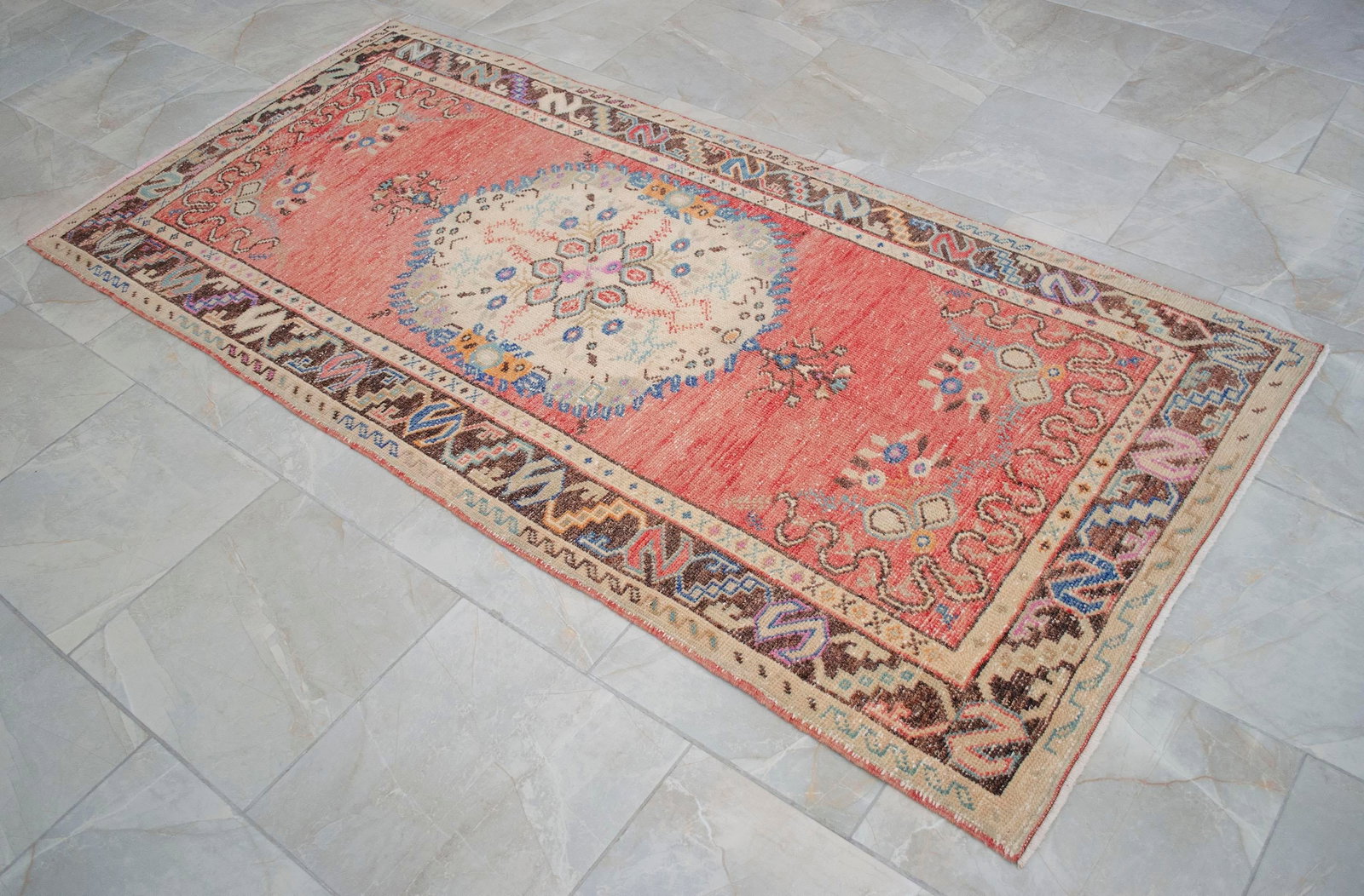 Distressed Low Pile Turkish Rug Hand Knotted Faded Oushak Area Rug - 3"²5"³ × 7"² - 13