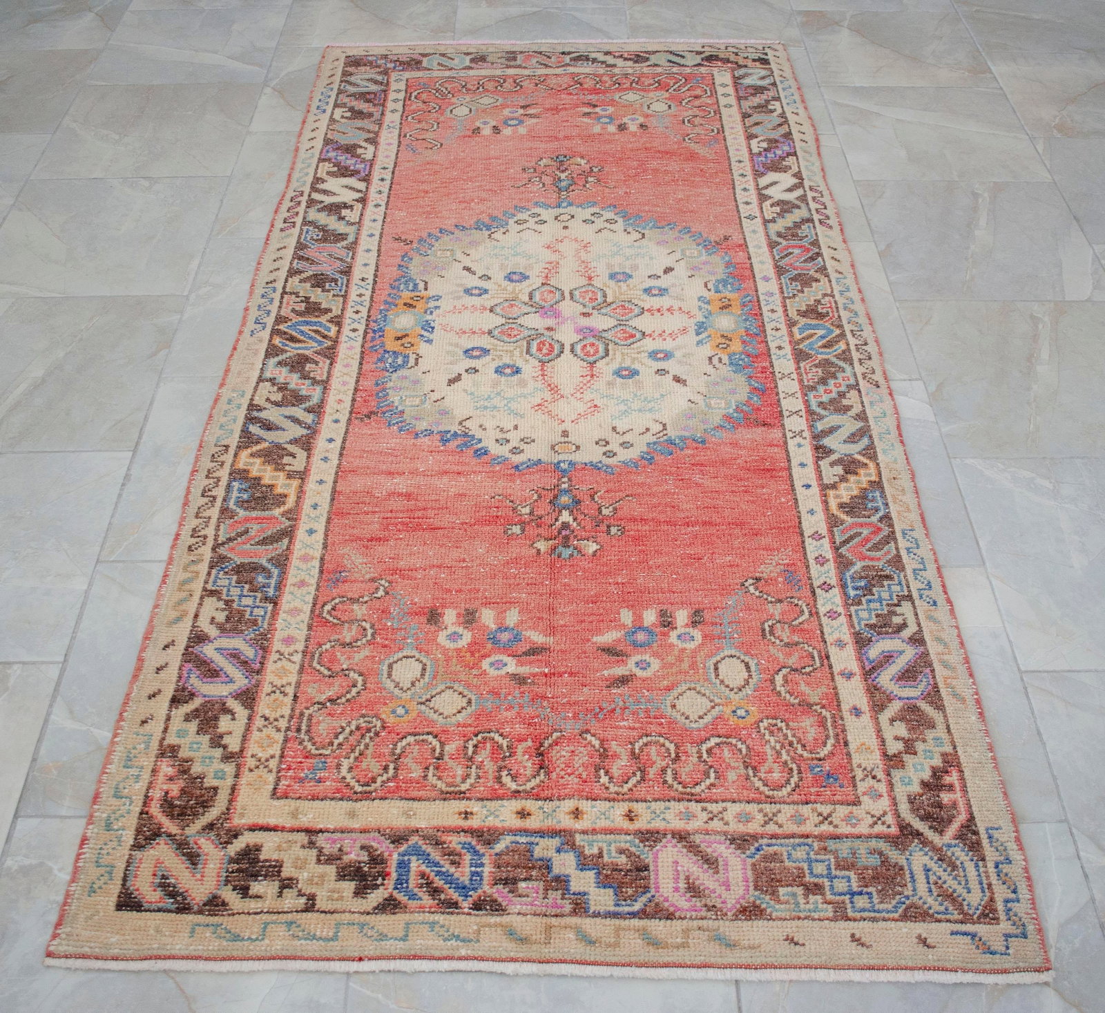 Distressed Low Pile Turkish Rug Hand Knotted Faded Oushak Area Rug - 3"²5"³ × 7"² - 14