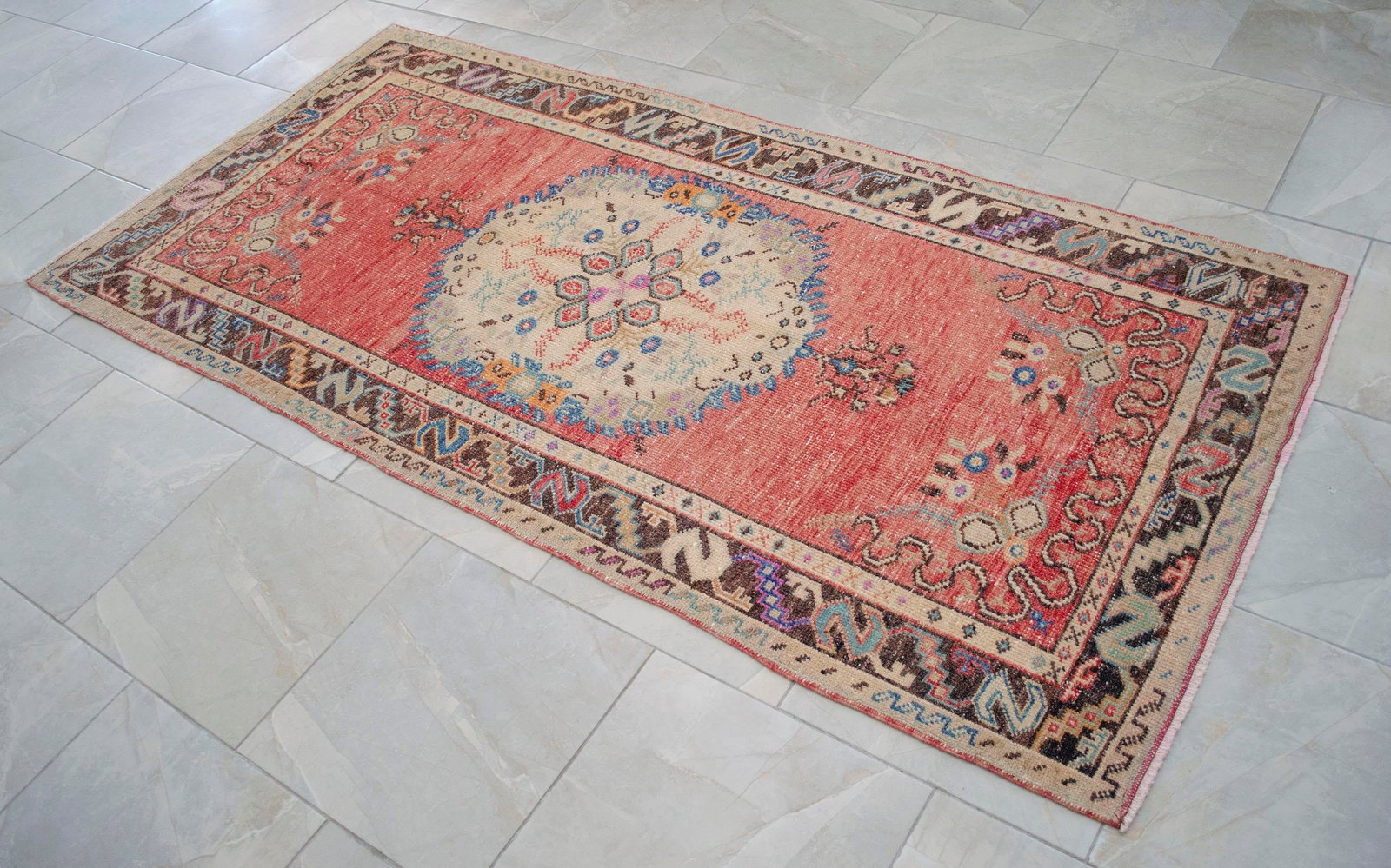 Distressed Low Pile Turkish Rug Hand Knotted Faded Oushak Area Rug - 3"²5"³ × 7"² - 15