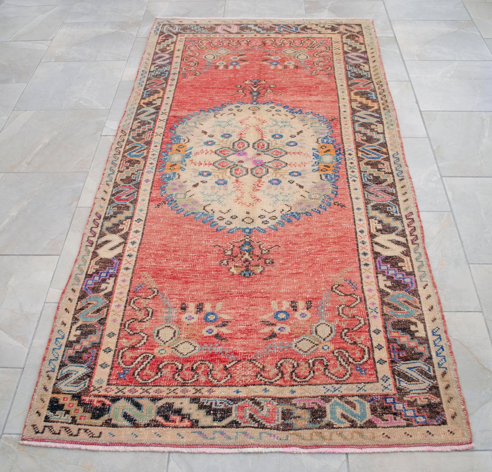 Distressed Low Pile Turkish Rug Hand Knotted Faded Oushak Area Rug - 3"²5"³ × 7"² - 16