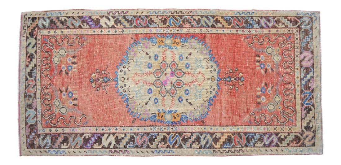 Distressed Low Pile Turkish Rug Hand Knotted Faded Oushak Area Rug - 3"²5"³ × 7"²: Vintage 1960s distressed Turkish Oushak Area rug. Distressed aesthetic and character bring out the charm and texture in colors! Many years of enjoyment to come with this rug! Recently professionally c