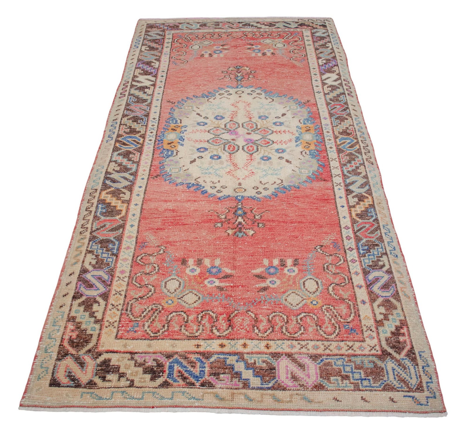 Distressed Low Pile Turkish Rug Hand Knotted Faded Oushak Area Rug - 3"²5"³ × 7"² - 5