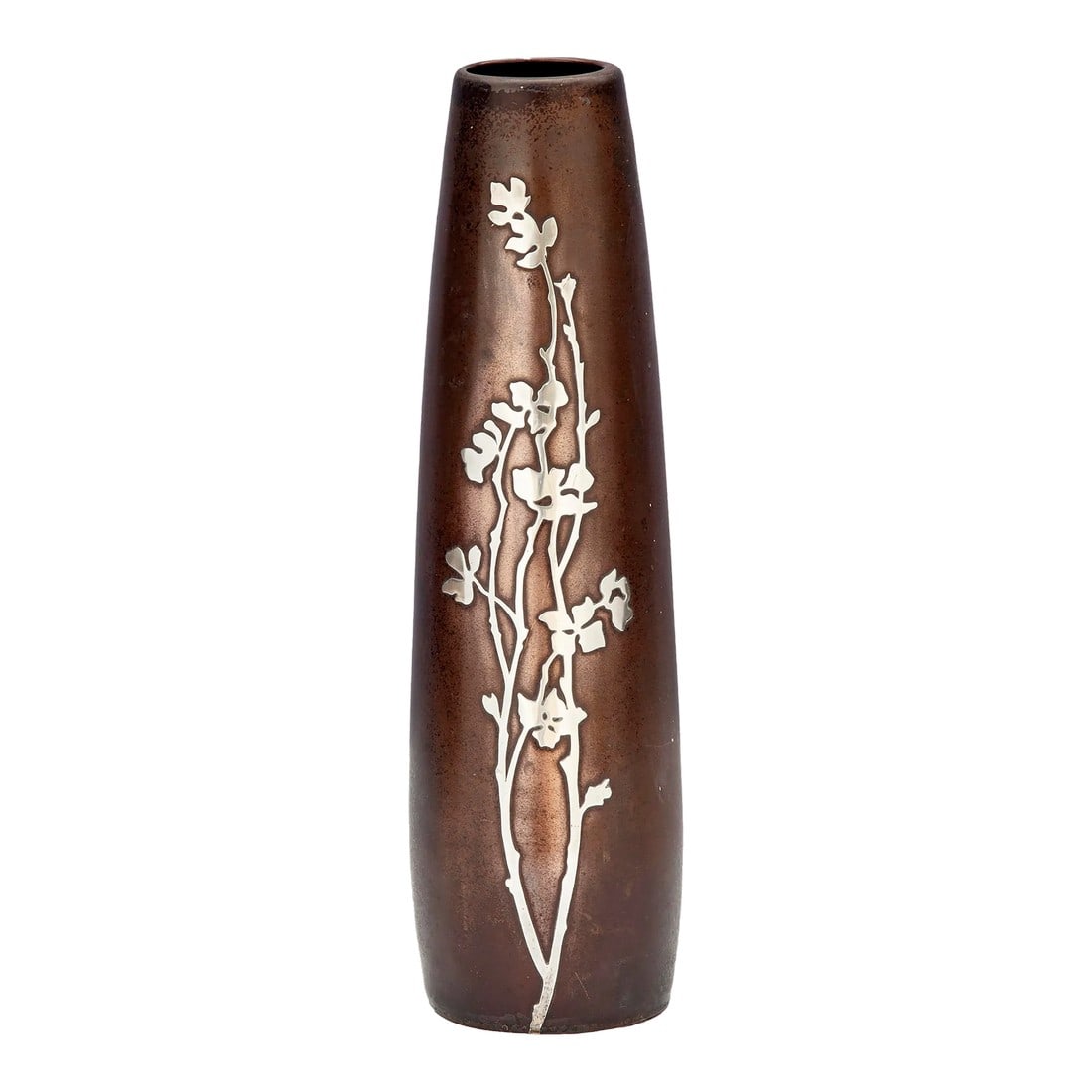 Early 20th Century Bronze & Sterling Silver Flower Vase: Early Arts & Crafts Heintz Metal Art vase in bronze with flowering branch overlay in sterling silver. The back of the vase has been custom engraved with the letters "BHW". A hole has been drilled on t