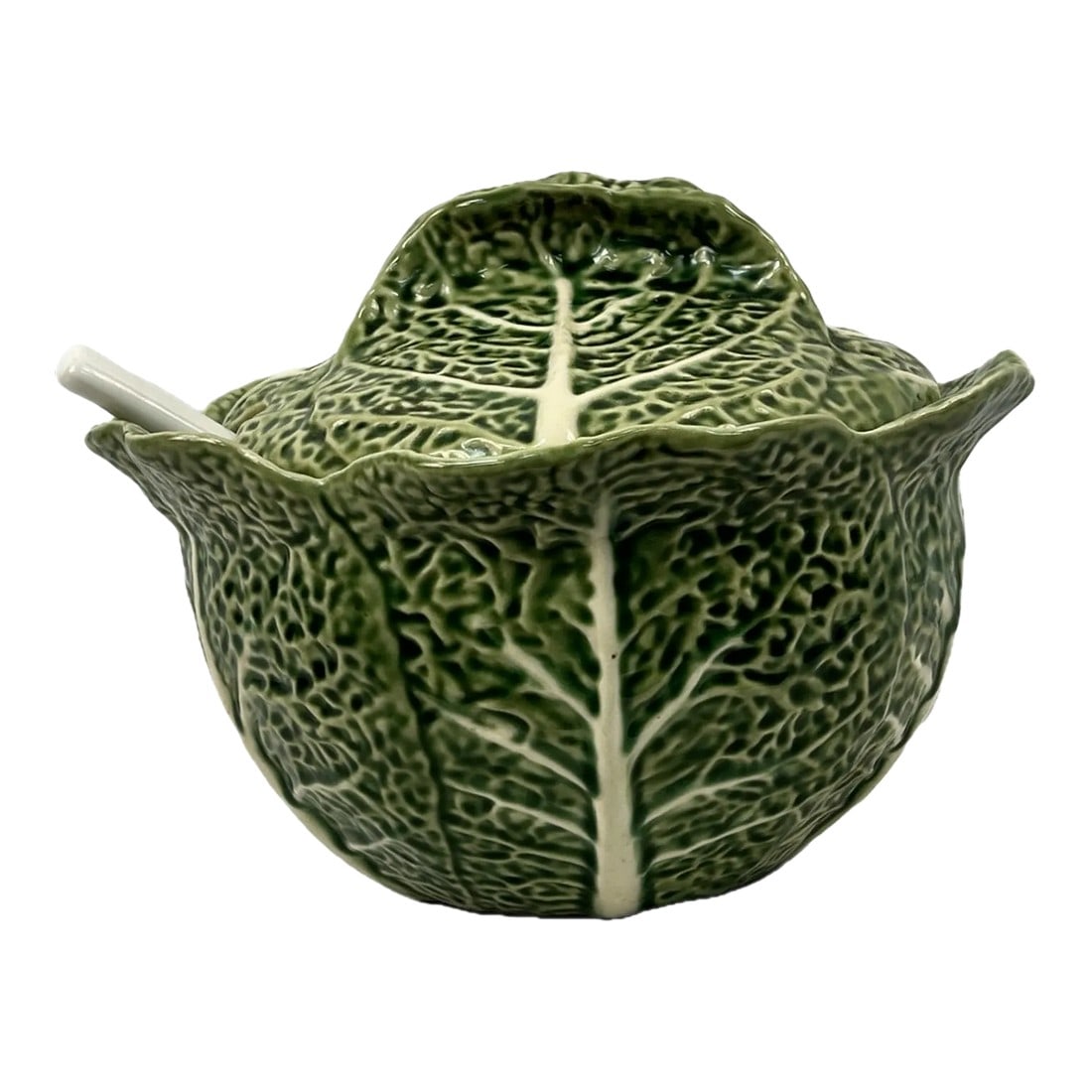 Bordallo Pinheiro Cabbage Leaf Soup Tureen With Lid/Ladle: Lovely ceramic hand-crafted mid-20th century Green Pinheiro Cabbage Leaf soup tureen with lid and ladle. Generous size in the shape of a cabbage leaf with white veining throughout. This collector's it