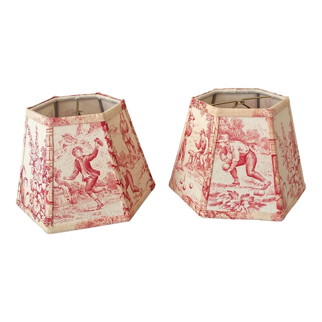 Late 20th Century French Toile Sconces Lamp Shades ~ a Pair: Beautiful French style hand crafted lamp shades in great condition, great look a size to them. Condition: Alterations: Original Condition Unaltered Imperfections: Some Imperfections Condition Notes: I