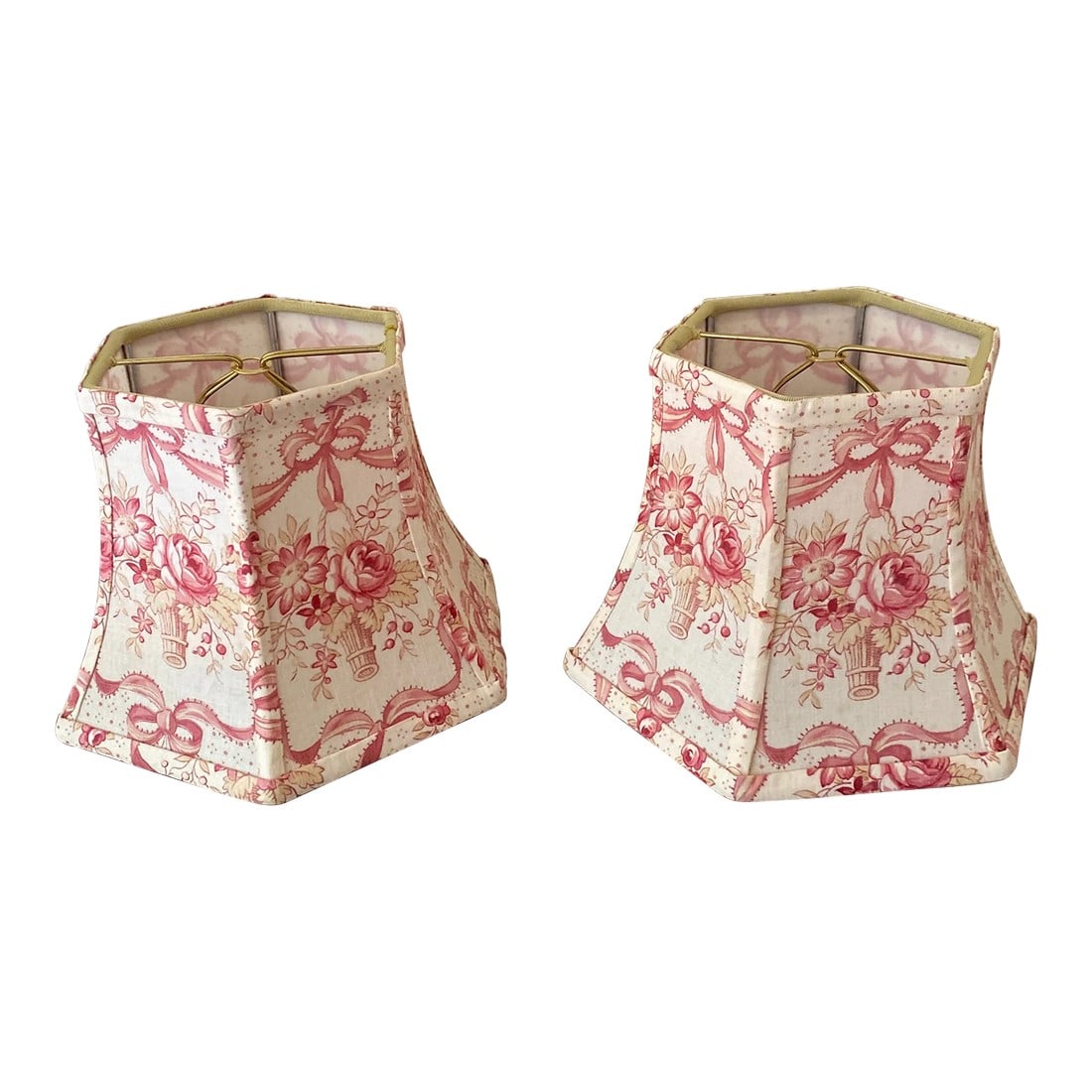 Late 20th Century French Toile Sconces Lamp Shades ~ a Pair: Beautiful French style hand crafted lamp shades in great condition, great look a size to them Condition: Alterations: Original Condition Unaltered Imperfections: Some Imperfections Condition Notes: In