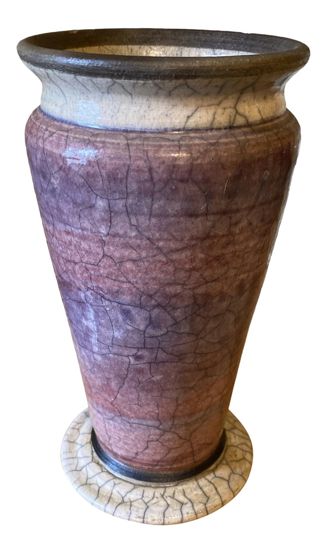 1980s Handmade Ceramic Pottery Vase: Stunning pink, purple and blue vase. Would be beautiful on any tabletop or a bookshelf. Perfect for the interior designer. Condition: Alterations: Original Condition Unaltered Imperfections: Some