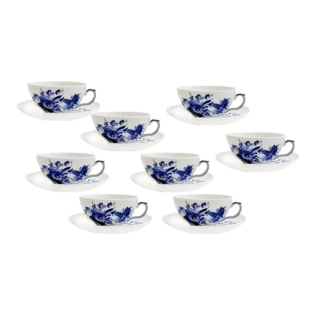 Royal Copenhagen Blue Flowers Curved Pattern Cup & Saucer - Set of 8: Set of 8 Royal Copenhagen flat cups & saucers in the timeless classic "Blue Flowers Curved" pattern Blue Flower (in danish known as BlÃ¥ Blomst) is one of the oldest tablewares from Royal