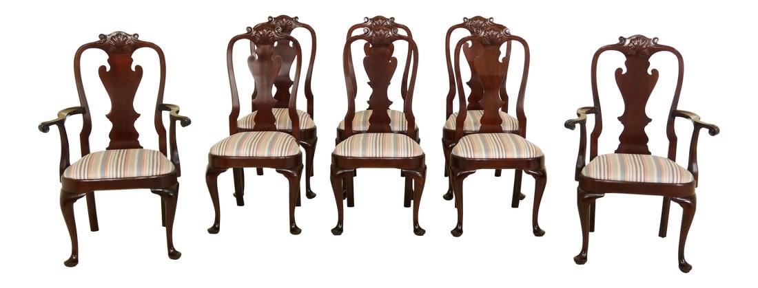 Set of 8 Stickley Mahogany Philadelphia Queen Anne Style Dining Room Chairs: Approx: 25 Years Old Solid Mahogany High Quality Construction Queen Anne Legs & Pad Feet Shell Carved Crests Clean Well Cared For Upholstery Condition: Excellent Original Finish & Condition Minor
