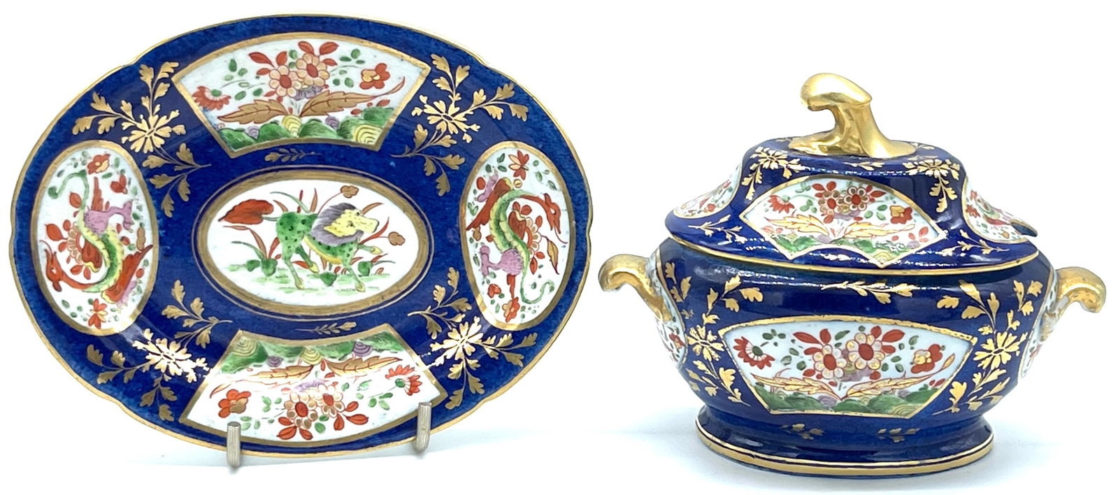 Chamberlains Worcester 'Africa' Pattern Cobalt Diminutive Tureen & Platter - Set of 3 - 5