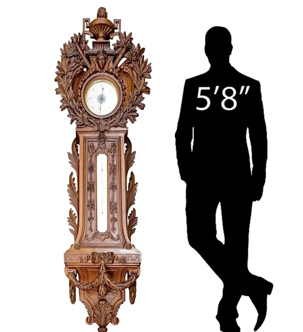 Monumental European Carved Wood Barometer and Thermometer - 13