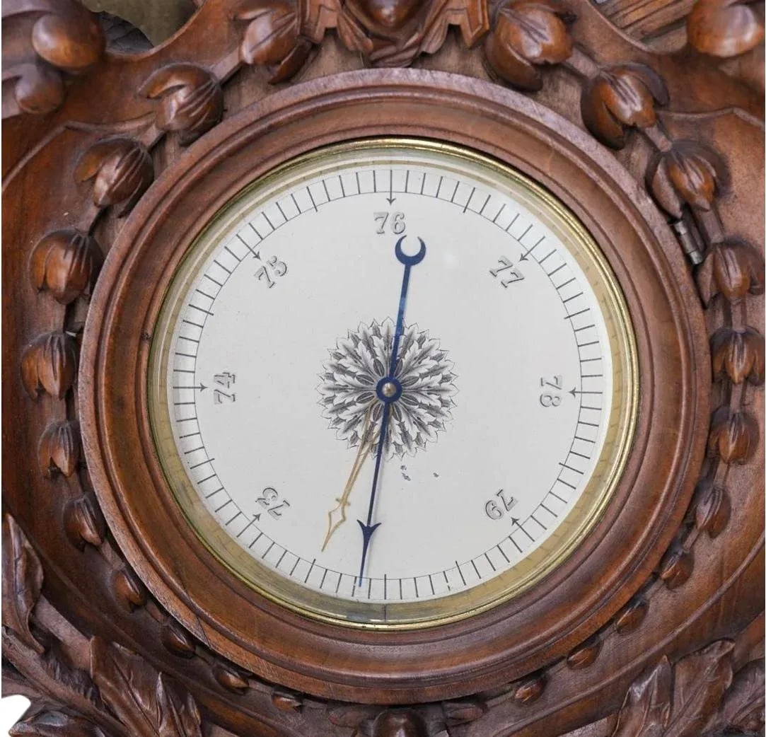 Monumental European Carved Wood Barometer and Thermometer - 2