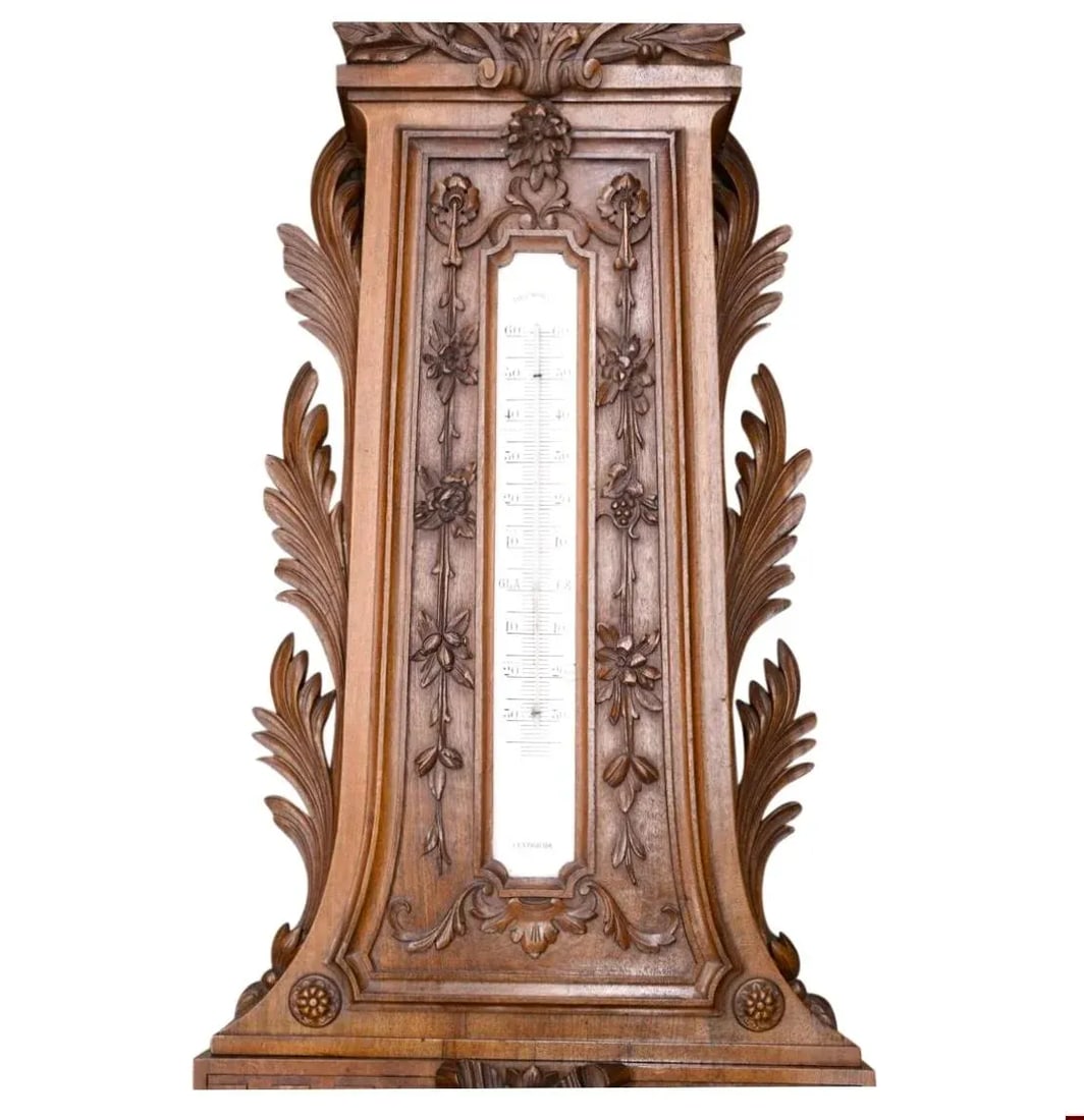 Monumental European Carved Wood Barometer and Thermometer - 4