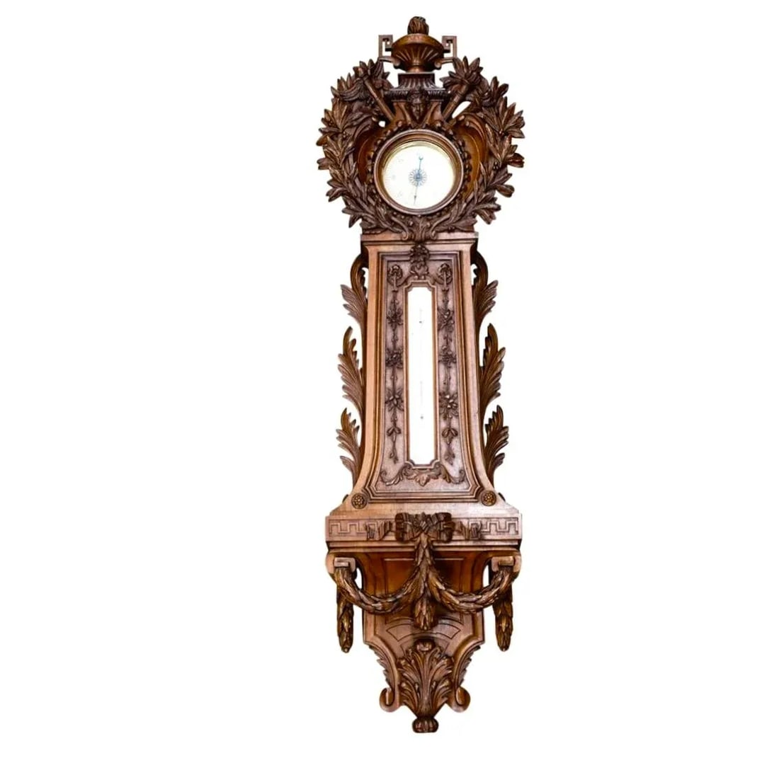 Monumental European Carved Wood Barometer and Thermometer - 8