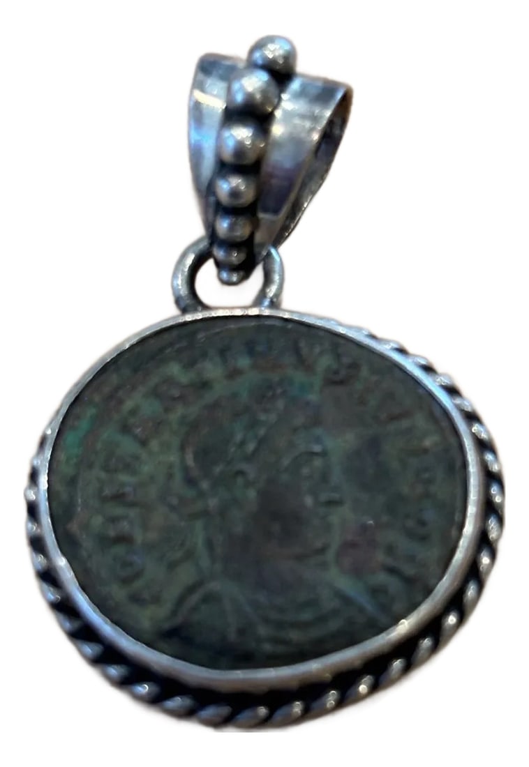 Antique Roman Coin in Sterling Silver Rope Setting: A wonderful silver pendant made from a Roman coin of Emperor Constantine II from 337-361 AD. This is an artisan-made custom pendant with a unique sterling silver setting (995). The anodized 17.5"