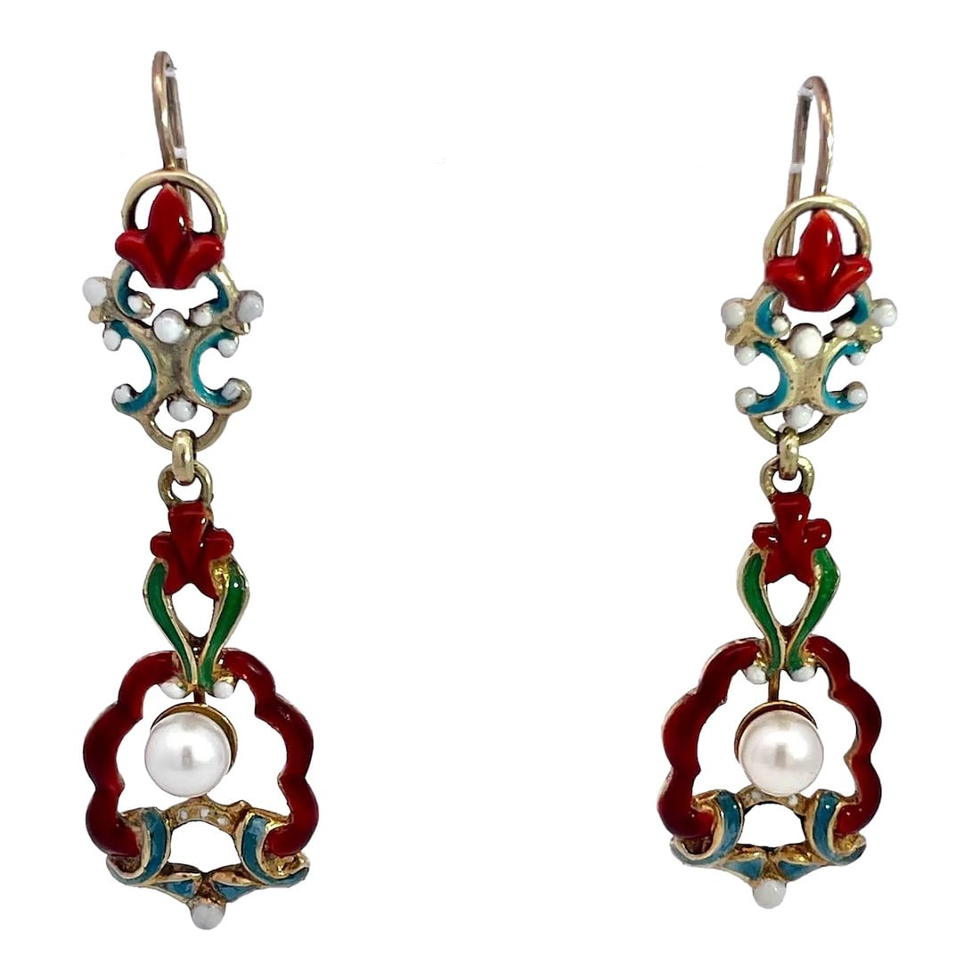 1930s Antique Enamel and Pearl Dangle Earrings, A Pair: Antique Enamel and Pearl Dangle Earrings These Antique Enamel and Pearl earrings are from the 1930's and are pretty special. First off there is little to no enamel loss for this time period that is am