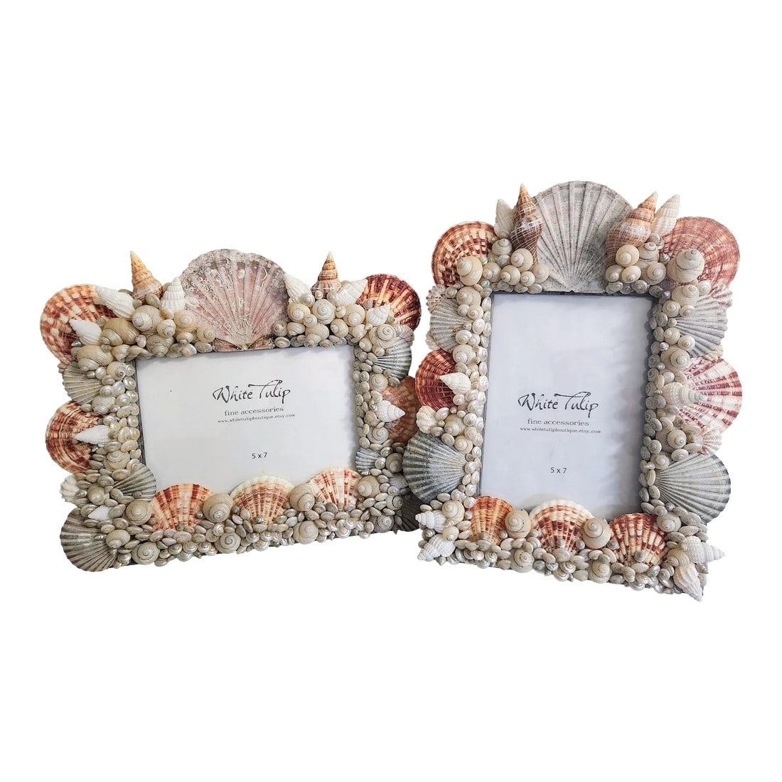 Pair of Sea Shell Encrusted Picture Frames- Set of 2: Price stated is for the Pair of Frames, Set of two as shown Each holds a picture measuring 5x7 in size DIMENSIONS, Each piece Horizontal Frame: 10" in total height x 11-1/2 in width Vertical Frame: