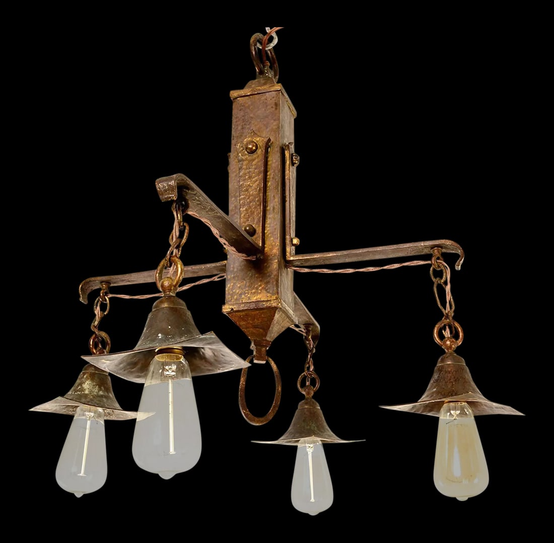 1930s Mission Chandelier Hammered Solid Brass Mexico - 2